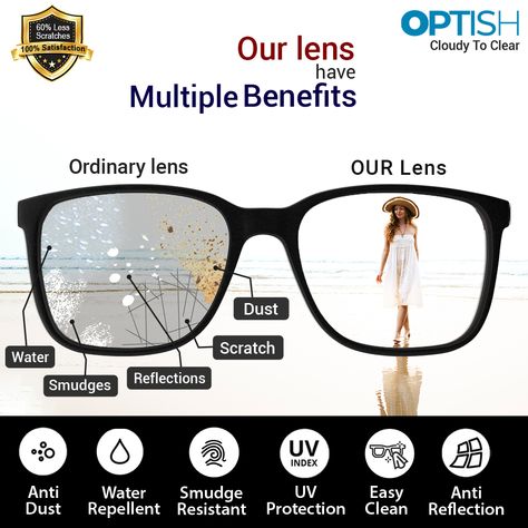 Optish anti-glare lenses provide the clearest vision possible, with protection against glare, scratches, smudges, water, dust, and even UV rays. #bifocal #progressive #eyecare #eyecaretips #optish #glasses #EyeCareTip #easycleaning #sunglasses #glasses #lens #jaipur #bestquality #eyewear #eye #antidust #waterrepellent #smudge #uvprotection #jaipurlens #jaipureyewear #eyecare #eyecaretips Multifocal Lenses, Mens Glasses Fashion, Progressive Lenses, Optical Shop, Eyeglass Lenses, Food Poster Design, Water Reflections, Optical Lens, Beautiful Landscape Wallpaper