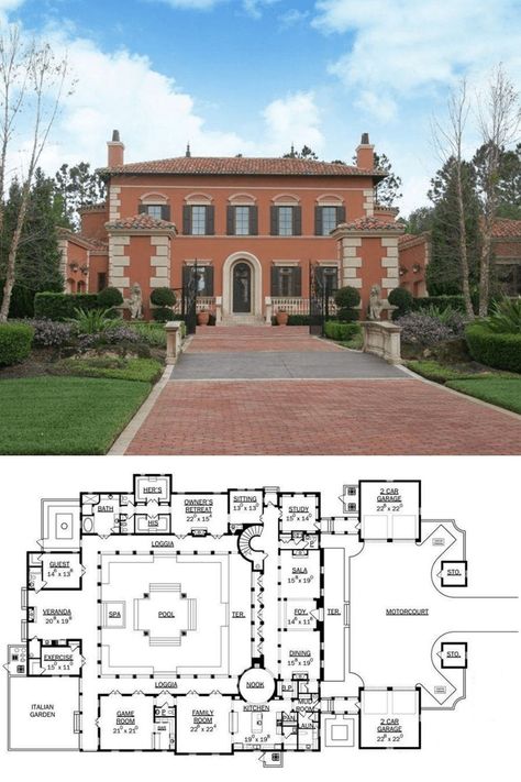 Grand red brick Italianate mansion front exterior with courtyard and entry gate.#floorplans #houseplans #mansion #courtyardpool Floor Plans Mansion, House Plan With Courtyard, Italianate House Plans, Mansion Courtyard, Italianate Floor Plans, Italianate Mansion, Sims 4 Victorian Mansion Floor Plans, Old Mansion Floor Plans, Victorian Mansion Floor Plans