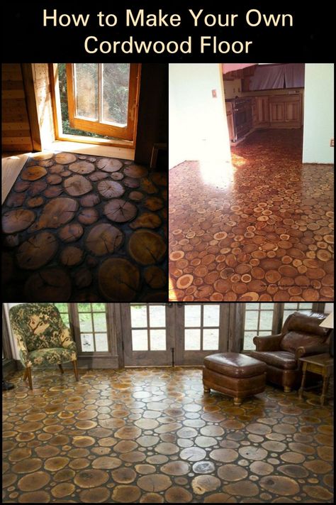 This flooring may look like a professional installer's job, but did you know that you can DIY this cordwood floor for your home? Log End Flooring, Wood Cookie Flooring, End Grain Wood Floor, Diy Floor Ideas, Cheap Flooring Ideas Diy, Cordwood Floor, Diy Flooring On A Budget, Stained Plywood Floors, Lotr Decor