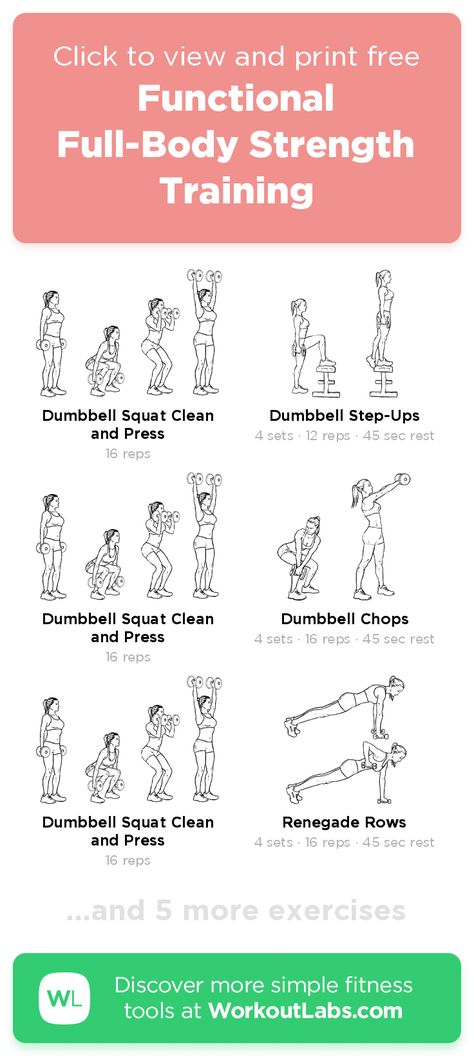 Functional Full-Body Strength Training – free 40-min abs, back, chest, legs... workout: do it now or download as PDF! Browse more training plans and create your own exercise routines with #WorkoutLabsFit Functional Fitness Exercises, Workout Diagrams, Modified Workouts, Full Body Strength Training Workout, Full Body Strength Training, Workoutlabs Fit, Functional Exercises, Functional Training Workouts, Legs Exercise