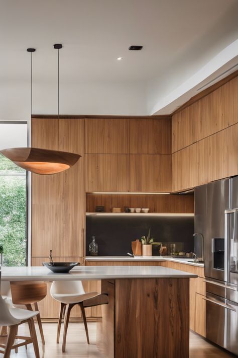 Modern kitchen with wooden cabinets, island with white countertop, and pendant lights. Unique Kitchen Layout, Kitchen Design Contemporary, Eichler Kitchen, Contemporary Kitchen Design Ideas, Smart Kitchen Technology, Contemporary Kitchen Ideas, Contemporary Kitchen Decor, Geometric Tile Pattern, Traditional Light Fixtures