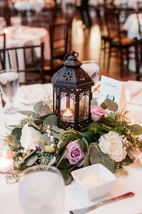 Black Lantern Centerpiece | Classic Fall Wedding Reception Wedding Centerpieces Lanterns, Wedding Lantern Centerpieces, Black Lantern Centerpiece, Purple Wedding Reception, Wedding Lantern, Purple Wedding Centerpieces, Lantern Centerpiece Wedding, Plum Wedding, Lantern Centerpieces