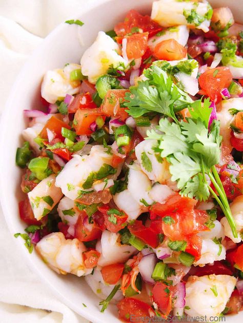 Easy Shrimp Tostadas or Mexican Tostadas de Camarón Recipe - Everyday Southwest Shrimp Tostadas Mexican, Ceviche Tostada, Shrimp Tostada, Mexican Tostadas, Tostada Shells, Mexican Shrimp Recipes, Shrimp Tostadas, Tostada Recipes, Mexican Shrimp