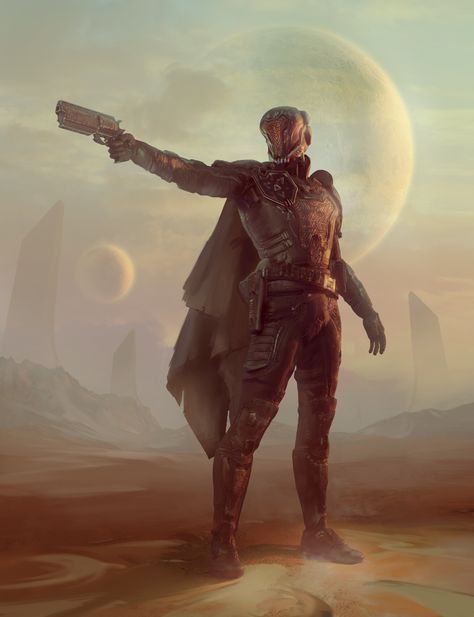 ArtStation - Gunslinger Gunslinger Fanart, Space Western Art, Sci Fantasy Art, Space Cowboy Concept Art, Fantasy Western Art, Sci Fi Gunslinger, Space Western Character, Space Gunslinger, Cyberpunk Western