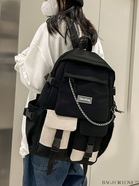 BagForLove - Graduate & Student Colorblock Letter Patch Chain Backpack - Ideal for College & High School Cute Black Backpack, Korean Bags, Korean Bag, Black School Bags, Stylish School Bags, Aesthetic Backpack, My Style Bags, Aesthetic Bags, Chain Decor