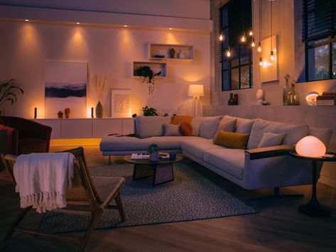 Livingroom Mood Lights, Philips Hue Bedroom, Dim Lights Aesthetic Living Room, Light Up Living Room, Ambiental Lighting Living Room, Room With Ambient Lighting, Ambient Home Lighting, Ambient Lighting Living Room Night, Lighting For Living Room Ideas