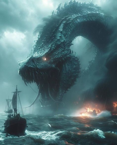 Dark Fantasy Dragon Art, Fantasy Creatures Aesthetic, Leviathan Monster Sea Dragon, Giant Dragon Art, Fantasy Sea Monster, Sea Creatures Fantasy Art, Sea Monster Wallpaper, Sea Monsters Art, Thalassophobia Aesthetic