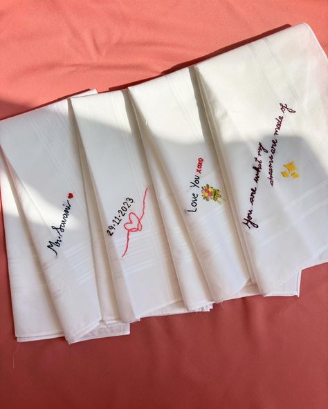 Our custom handkerchiefs are only for happy tears! 🥹 . . . #customembroidery #embroidersofchennai #chennaibased #handembroidery #chennaibasedembroidery #chennaiembroidery #giftideas #giftsforhim #artbychahat Hand Embroidery Handkerchief, Diy Hankies, Embroidery Birthday Gift Ideas, Hanky Embroidery Design, Hanky Embroidery, Handkerchief Embroidery, Hand Embroidered Gifts, Simple Hand Embroidery Patterns, Basic Embroidery