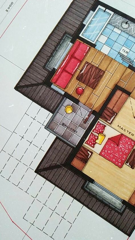 Alcohol Marker Rendering Architecture, Architecture Alcohol Markers, Alcohol Markers Architecture, Floorplan Rendering Marker, Floor Plan Rendered Markers, Alcohol Marker Rendering, Floorplan Drawing, Marker Texture, Markers Drawing Architecture