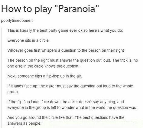 Paranoia Game, Paranoia Questions, Youth Games, Sleepover Games, Bridal Store, Fun Sleepover Ideas, Reality Check, Say Anything, Bridal Shop