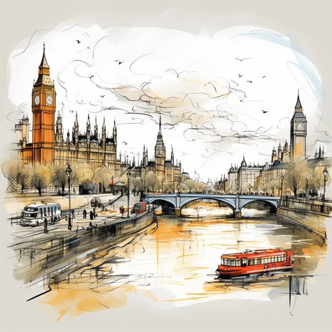 This lively artwork blends classic and contemporary styles to beautifully capture London's River Thames, historic Big Ben, and vibrant city life in dynamic sketch-like lines and bursts of color. #London #RiverThames #HousesOfParliament #BigBen #DoubleDeckerBus #BlackCab #RedRiverboat #Skyline #Contemporary #Sketch #Dynamic #Iconic #Historic #Vibrant #CityLife #Waterway #GoldenHues #SteelGray #Seagulls #Motion #Energy #Panorama #Architecture #Artistic #Exhibition Contemporary Sketch, Motion Energy, Psd Free Photoshop, Houses Of Parliament, Vibrant Artwork, River Boat, River Thames, A Level Art, Sense Of Place