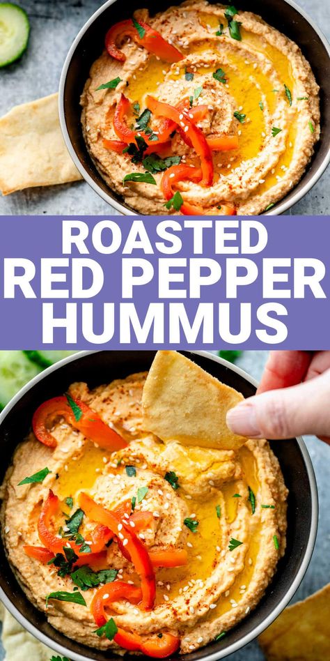 I have a brand new recipe for homemade Roasted Red Pepper Hummus, and let me just say that you're going to want to save this one for your next snack attack because it's utterly delicious! The smoky sweet red pepper and creamy garlicky and lemony hummus tahini go so well together. It's a match made in heaven! Red Pepper Hummus Recipe, Moroccan Carrots, Hummus Recipes, Vegan Dips, Hummus Recipe Homemade, Pepper Hummus, Roasted Red Pepper Hummus, Red Pepper Hummus, Vegan Lunches