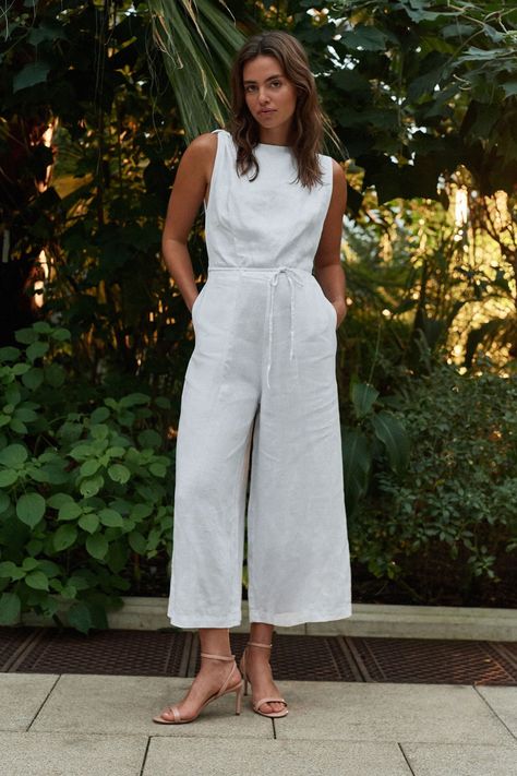 Buy White Tie Waist Open Back Jumpsuit from the Next UK online shop Overalls Linen, Womens Summer Jumpsuits, Open Back Jumpsuit, Thermo Leggings, Petite Jumpsuit, Jumpsuit White, Glam Outfit, Fitted Jumpsuit, Swimwear Dress