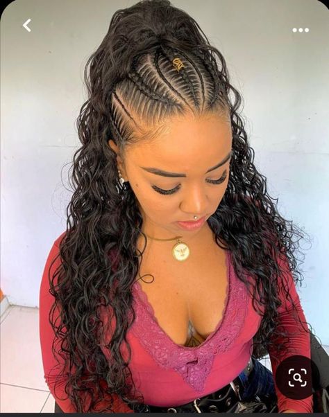 Hair Half Braided Half Down, Half Ponytail Braid, Stitch Braids Half Up Half Down, Stitch Braids Ponytail With Curls, Half Up Cornrow Hairstyles, Braided High Ponytail Black Women, High Ponytail Braid Hairstyles, Braided Half Up Half Down Hairstyles, Ponytail With Braids In Front Black Hair