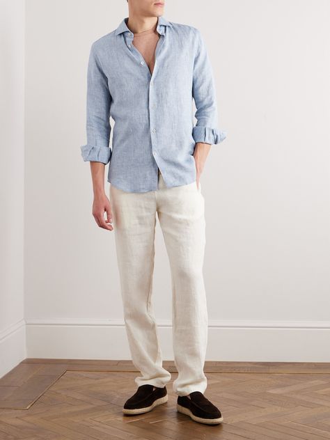 Incotex's casual shirt has been in Italy from light, tactile linen. It'll keep you cool and comfortable on the daily commute. Small to size. See Size & Fit notes. Light Colour Shirts For Men, Men Outfits Linen, Men Wedding Casual Outfit, Summer Wedding Mens Attire, Blue Linen Shirt Men Outfit, Light Blue Shirt Outfit Men Casual, Men’s Dress Attire For Beach Wedding, Linen Shirt Outfit Men’s, Beach Party Outfit Men