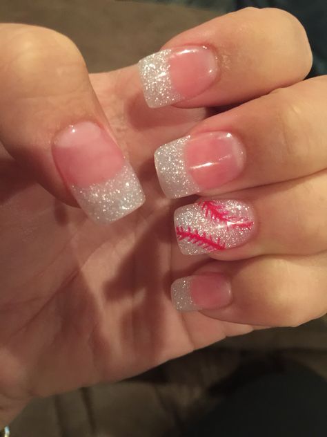 Glitter baseball nails Baseball French Tip Nails, Softball Nails Acrylic, Baseball Gel Nails Ideas, Baseball Acrylic Nails, Baseball Nail Ideas, Softball Nail Ideas, Baseball Pedicure, Baseball Nail Designs, Sport Nails