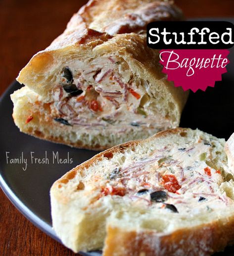 Stuffed Baguette Recipe Family Fresh Meals #appetizer #stuffedbread #bread #familyfreshmeals Stuffed Bread Loaf, Birthday Party Finger Foods, Fancy Sandwich, Crowd Pleaser Appetizers, Stuffed Baguette, Stuffed French Bread, Seafood Lasagna Recipes, Super Easy Appetizers, Enchilada Skillet