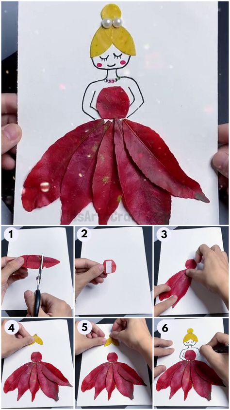 How To Make Fall Leaf Princess Artwork For Kids Leaf Art Craft, Leaf Animal Craft, Autumn School Project, Crafts Using Leaves For Kids, Leaf Person Craft, Fair Art Projects For Kids, Leaf People Art, Leaf Flowers Diy, Real Leaf Crafts For Kids