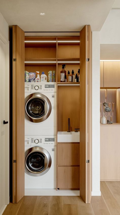 Laundry Furniture Ideas, Laundry Space In Kitchen, Laundry In Cupboard, Utility Room Extension, Laundry In Living Room, Interior Design Laundry Room, Laundry Closet With Sink, Small Laundry Cupboard, Small Laundry Cabinet