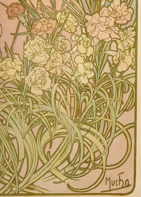 Alphonse Mucha Art Nouveau Poster, Art Nouveau Carnation, Art Nouveau Marigold, Alphonse Mucha Flowers, Botanical Editorial, Art Nouveau Mural, Mucha Flowers, Art Nouveau Nature, Alfonse Mucha