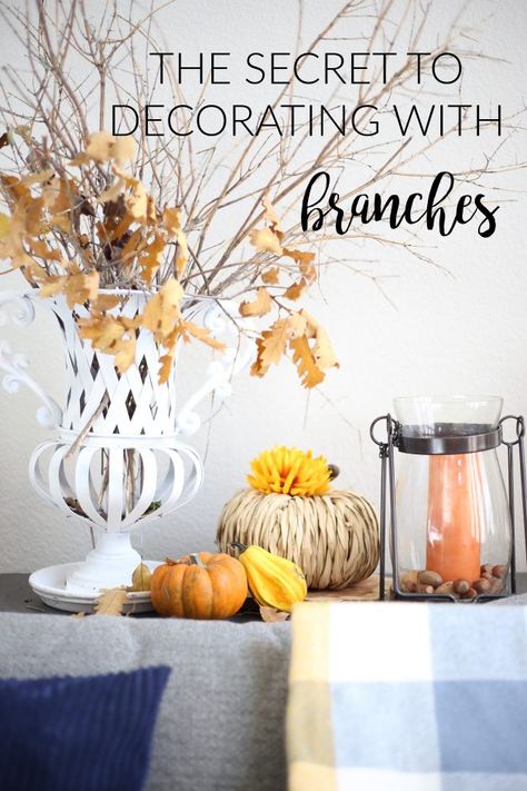 THE SECRET TO BRANCH CENTERPIECES Fall Branch Centerpieces, How To Style Branches In Vase, Diy Branch Centerpieces, Twig Centerpieces, Family Room Couch, Tree Branch Centerpieces, Vase With Branches, Branch Centerpieces, Natural Branches