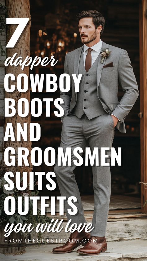 a groomsman wears black cowboy boots and suit, western outfits Groomsmen Attire Cowboy Boots, Groomsmen Attire Cowboy, Suits With Cowboy Boots, Beige Groomsmen Suits, Country Groomsmen Attire, Suit With Cowboy Boots, Tan Groomsmen Suits, Outfits With Cowboy Boots, Tan Groomsmen