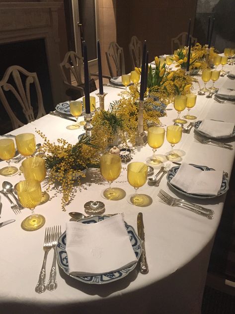 Mimosa Centerpiece, Mimosa Wedding, Engagement Dinner, Mimosa Flower, Yellow Table, Spring Tablescapes, Bridal Table, Head Table, Winter Party