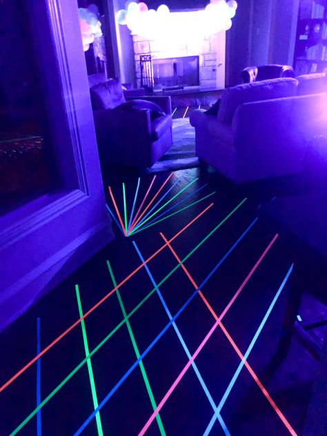 Neon Tape Dance Floor, Glow Tape Ideas, Glow Party New Years Eve, Diy Rave Decorations, Cyberpunk Theme Party, Neon Tape Ideas, Neon School Dance, Black Light Room Ideas, Neon Dance Floor