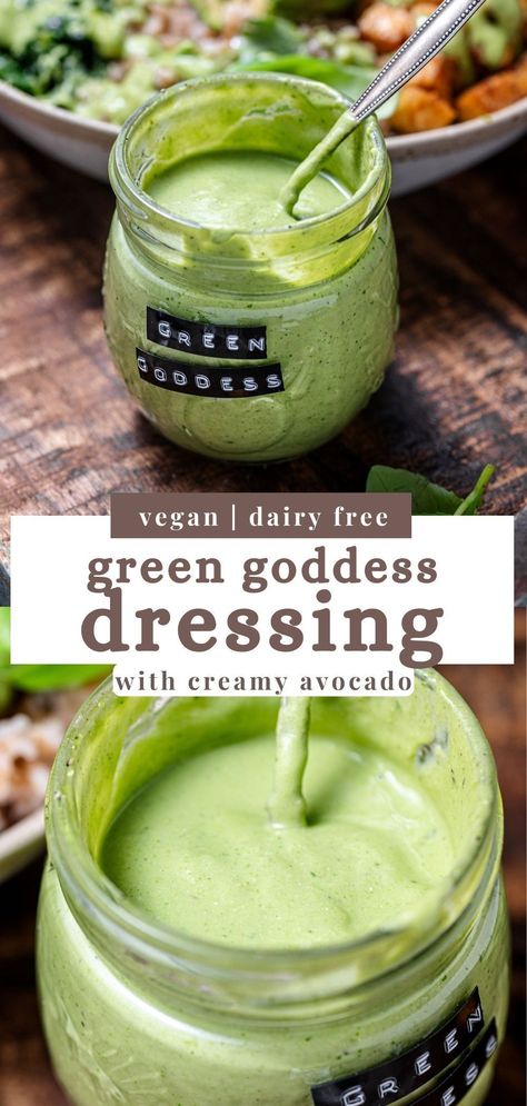 This creamy, dairy-free and vegan Avocado Green Goddess Dressing is bright and vibrant, with fresh herbs and tangy lemon juice. It comes together in just about 10 minutes, making it perfect for drizzling on salads, spreading on sandwiches, or spooning over Buddha bowls! This dipping sauce and salad dressing recipe is oil free. Avocado Sour Cream Dressing, Essen, Green Goddess Salad In A Jar, Paleo Green Goddess Dressing, Raw Vegan Salad Dressing Recipes, Creamy Vegan Dressing, Dairy Free Green Goddess Dressing, Raw Salad Dressing Recipes, Raw Dressing Recipes