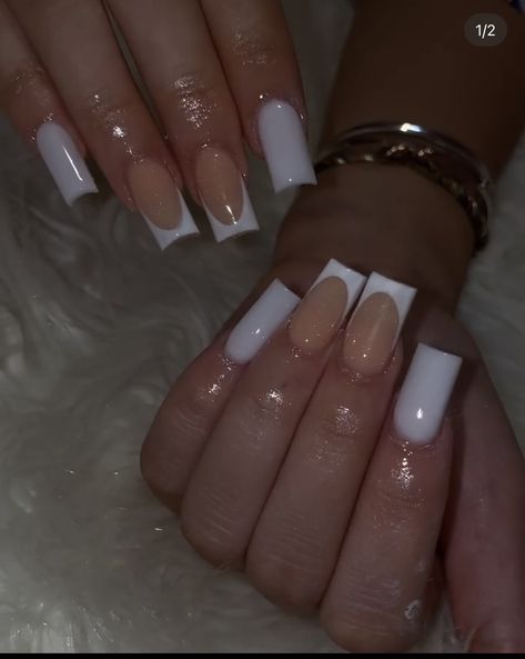 Some French Some Solid Nails, French Tip Mixed With Solid Nails, French And Solid Nails Together, Solid And French Tip Nails, French Tip And Solid Nails, Tapered Square Acrylic Nails, Long Acrylic Nail, Summer Acrylic, Plain Nails