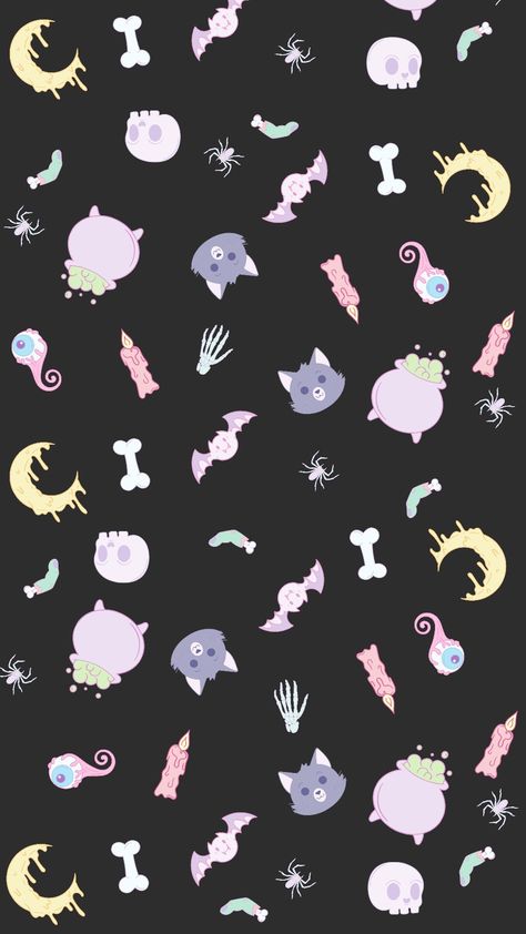 Spooky Halloween Pattern Wallpaper in colour dark grey with different spooky but cute elements. The elements are: a cat, a skull, a dripping moon, skeleton hand, small spider, skull, potion jar and a bat. Cute Spooky Backgrounds, Spooky Halloween Wallpaper, Christmas Goth, Spooky Pattern, Spooky Background, Holiday Wallpapers, Story Backgrounds, 2024 Wallpaper, Halloween Wallpaper Backgrounds