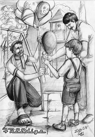 Ballon Seller Drawing Composition, Ballon Seller Memory Drawing, Composition Drawing Sketches, Memory Drawing, Composition Drawing, Human Sketch, Perspective Sketch, Composition Painting, Human Figure Sketches