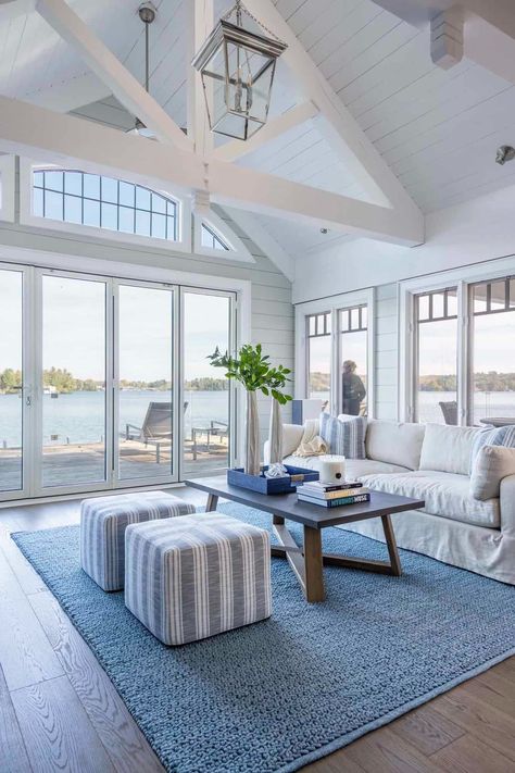 This renovated Lake Muskoka house offers a serene and inviting getaway Boat House Decorating Ideas, Lake House Sunroom, House Sunroom, Beautiful Lake House, Lake Muskoka, House Decorating Ideas, Muskoka Cottage, House Mediterranean, Lake House Interior