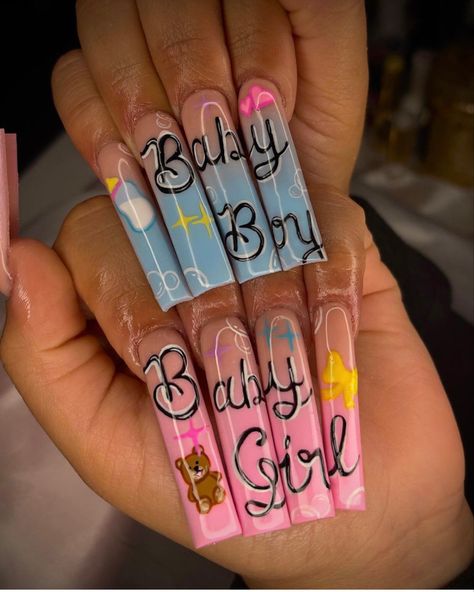 Blues Clues Gender Reveal Nails, Gender Reveal Hair Ideas, Gender Nails Ideas, Pink And Blue Nails Gender Reveal, Gender Reveal Nails Ideas Acrylic, Gender Nails, Baby Shower Nails Girl, Nails Gender Reveal, Party Nail Ideas