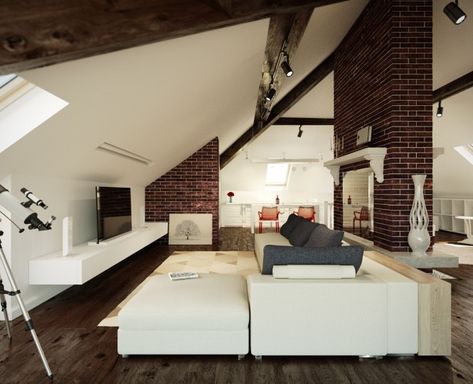 Another nice use of loft/sloped ceilings and light color scheme to create cozy living area Attic Design Ideas, Attic Lighting, Angled Ceiling, Attic Loft, Small Attic, Loft Furniture, Attic Flooring, Attic Design, Plafond Design