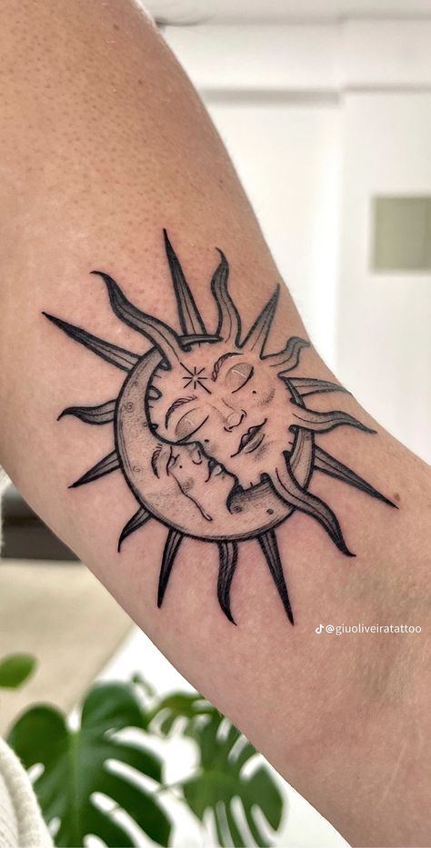 Mexico Aztec Tattoo, Straight And Narrow Tattoo, Inner Elbow Sun Tattoo, Whimsical Sun And Moon Tattoo, Mexican Trible Tattoos, Son And Moon Tattoo, Sun And Moon Tattoo Matching Couple, Matching Moon And Sun Tattoos, Mexican Sun Tattoo