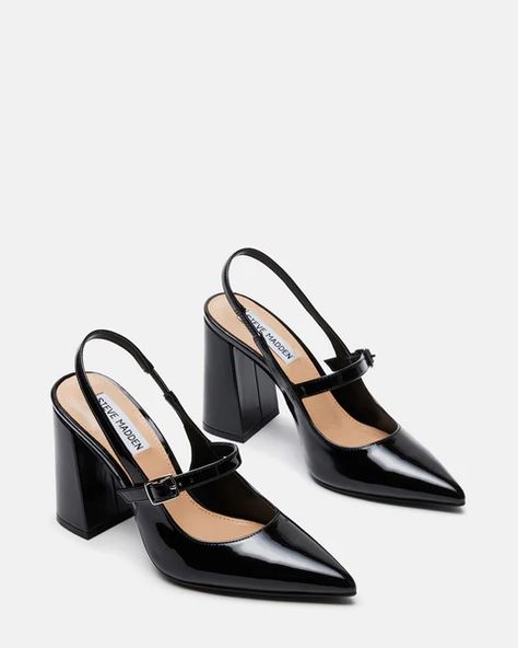 MAEGAN Black Patent Slingback Heel | Women's Heels – Steve Madden Block Heel Slingback, Dr Shoes, Prom 2024, Western Chic, Fancy Shoes, Shoe Inspo, Aesthetic Shoes, Soft Grunge, Crazy Shoes