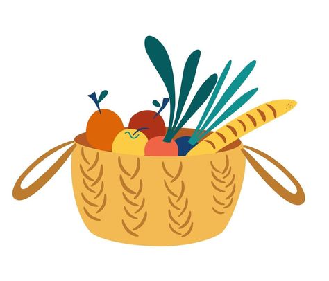 Wicker basket with groceries. Picnic basket with healthy organic food. Caring for the environment concept. Eco-food shopping. Harvesting the crop. Vector cartoon illustration for banner, magazine. Fruit Basket Illustration, Picnic Basket Illustration, Cottagecore Doodles, Basket Illustration, Canva Illustration, Basket Cartoon, Caring For The Environment, Eco Food, Poster Reference