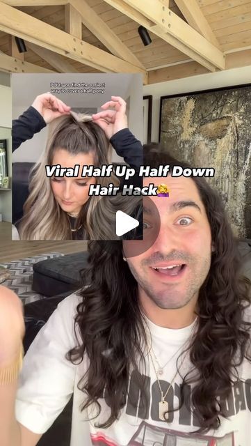 Matt Newman on Instagram: "summer is #halfuphalfdown hair season- would love an easy way to cover the #hairties !! @alexamcmanaman how clever is this !!! #hairstyleoftheday #hairreels #hairinspo #hairideas 💁‍♀️💁‍♀️ do u wear half up half down hairstyles ?!" Half Updos For Long Hair Casual, How To Split Hair Down The Middle, Pony Half Up Half Down, Half Up Half Down Fun Hair, Long Half Up Hairstyles Easy, Hairstyle Up Do, Easy Hair Half Updos, Half Up Half Down Hairstyles For Greasy Hair, Half Up Festival Hairstyles