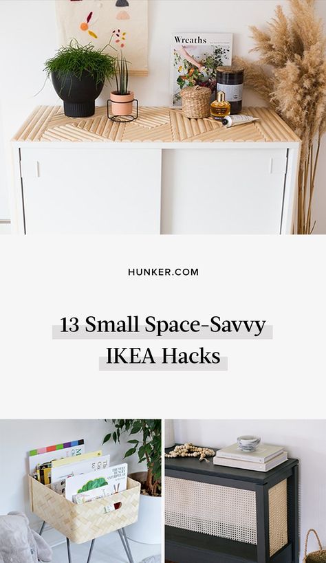 From a statement storage cabinet to a side panel-turned-headboard, here are 13 IKEA hacks that will upgrade even the tiniest of spaces in no time. #hunkerhome #ikea #ikeahacks #smallspace #storage Ikea Letter Tray Hack, Ikea Tarno Hack, Ikea Torald, Ikea Mackapar Hack, Ostbit Ikea Hack, Ikea Vesken Hack, Mackapar Hack Ikea, Ikea Rödeby Hack, Ikea Hack Table