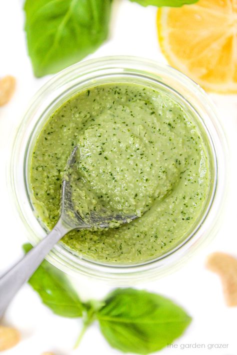 Cashew Pesto (Vegan & Oil-Free!) Cashew Basil Pesto, Cashew Pesto Recipe, Pesto Oil, Cashew Pesto, Garden Grazer, Dairy Free Pesto, Pesto Vegan, Basil Recipes, Vegan Parmesan Cheese