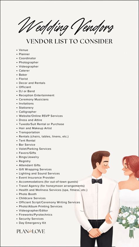 Wedding Vendor List Vendors to Book Wedding Planner To Do List, List Of Wedding Vendors, Wedding List Of Things To Do, Wedding Planning Book Ideas, To Do Wedding List, Vendors List For Wedding, Vendors For Wedding Checklist, List Of Vendors For Wedding, Wedding Needs List Everything