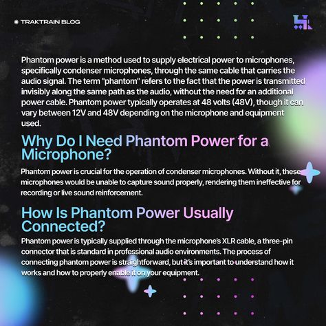 🎤 What Is Phantom Power For Microphones: Phantom Power For Mics Explanation — New Post on Blog Phantom power is a method used to supply electrical power to microphones, specifically condenser microphones, through the same cable that carries the audio signal. The term “phantom” refers to the fact that the power is transmitted invisibly along the same path as the audio, without the need for an additional power cable. Phantom power typically operates at 48 volts (48V), though it can vary betwee... Phantom Power, Creative Industries, Power Cable, Microphones, New Post, Electricity, Cable, Audio