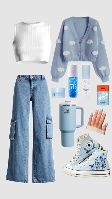 Blue Fit! Who likes??? #bluefit #outfitaesthetic #rlybored Blue Aesthetic Outfit Ideas, Blue Outfit Collage, Ocean Inspired Outfits Casual, Light Blue Converse Outfit, Cute Blue Outfits Aesthetic, Blue And White Aesthetic Outfit, Preppy Blue Outfits, Blue Clothing Aesthetic, Trendy Converse Outfits