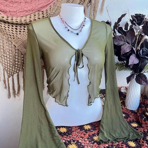 Cute Green Y2K Grunge Tie Front Drawstring... - Depop Sage Green Y2k Outfits, Green Y2k Clothes, Green Y2k Outfit, Green Y2k, Asymmetrical Hem Top, Y2k Clothes, Y2k Outfits, Hem Top, Y2k Grunge