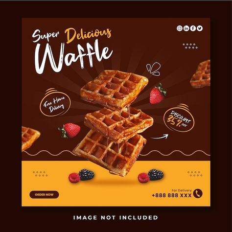 Waffle social media promotion template | Premium Vector #Freepik #vector #food-post #fast-food-post #food-offer #food-promotion Waffle Social Media Design, Food Offer Poster Design, Waffle Poster, Waffle Day, Coffee Artwork, Chocolate Packaging Design, Food Promotion, Food Post, Vector Food