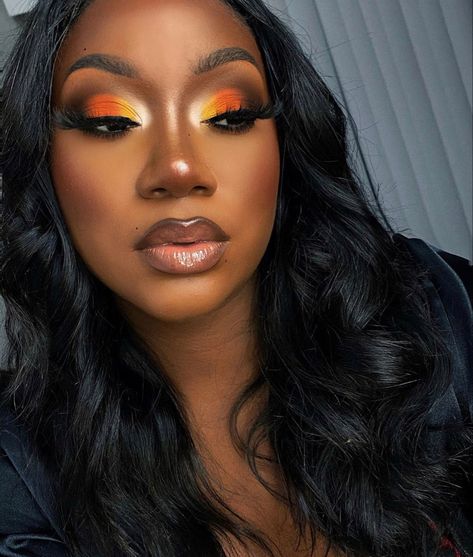 Makeup That Goes With Orange Dress, Orange Eye Looks Eyeshadows, Orange Eyeshadow Black Women, Brown And Orange Makeup Looks, Orange Makeup Black Women, Orange And Black Makeup Looks, Orange And Black Eyeshadow Looks, Makeup For Orange Outfit, Orange Eyeshadow Looks Black Women