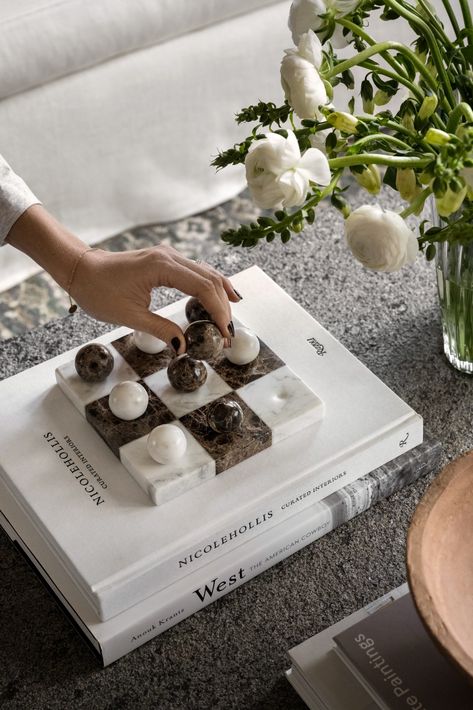 Five Cabinets Styled Five Ways - Studio McGee Brown Marble, Cabinet Style, Marble Decor, Mcgee & Co, Coffee Table Styling, Marble Coffee Table, Coffee Table Square, Tic Tac Toe, Coffee Table Books