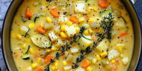 Summer Corn and Zucchini Chowder – wallacegardencenter Corn And Zucchini Chowder, Zucchini Chowder, Vegetarian Corn Chowder, Summer Corn Chowder, Summer Soup Recipes, Corn Chowder Soup, Corn And Zucchini, Easy Casserole Dishes, Zucchini Soup