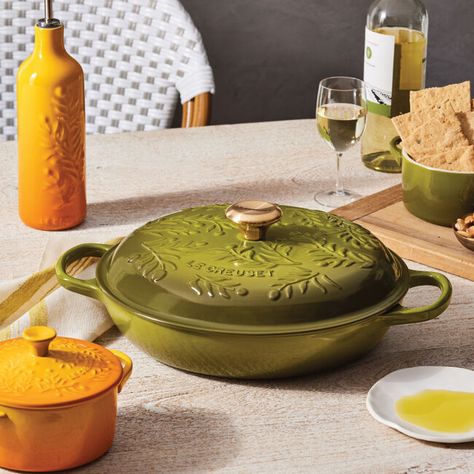 Olive Branch Collection Signature Braiser | Le Creuset® Le Creuset Olive, Le Creuset Kitchen, The Olive Branch, Kitchen Gear, Bread Baker, Green Collection, Enameled Cast Iron, Meat Cuts, Olive Branch